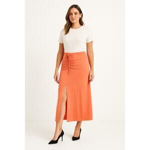 New Aerie Women's Beachwalk Orange Ruched Side Slit Ribbed Midi‎ Skirt Size M